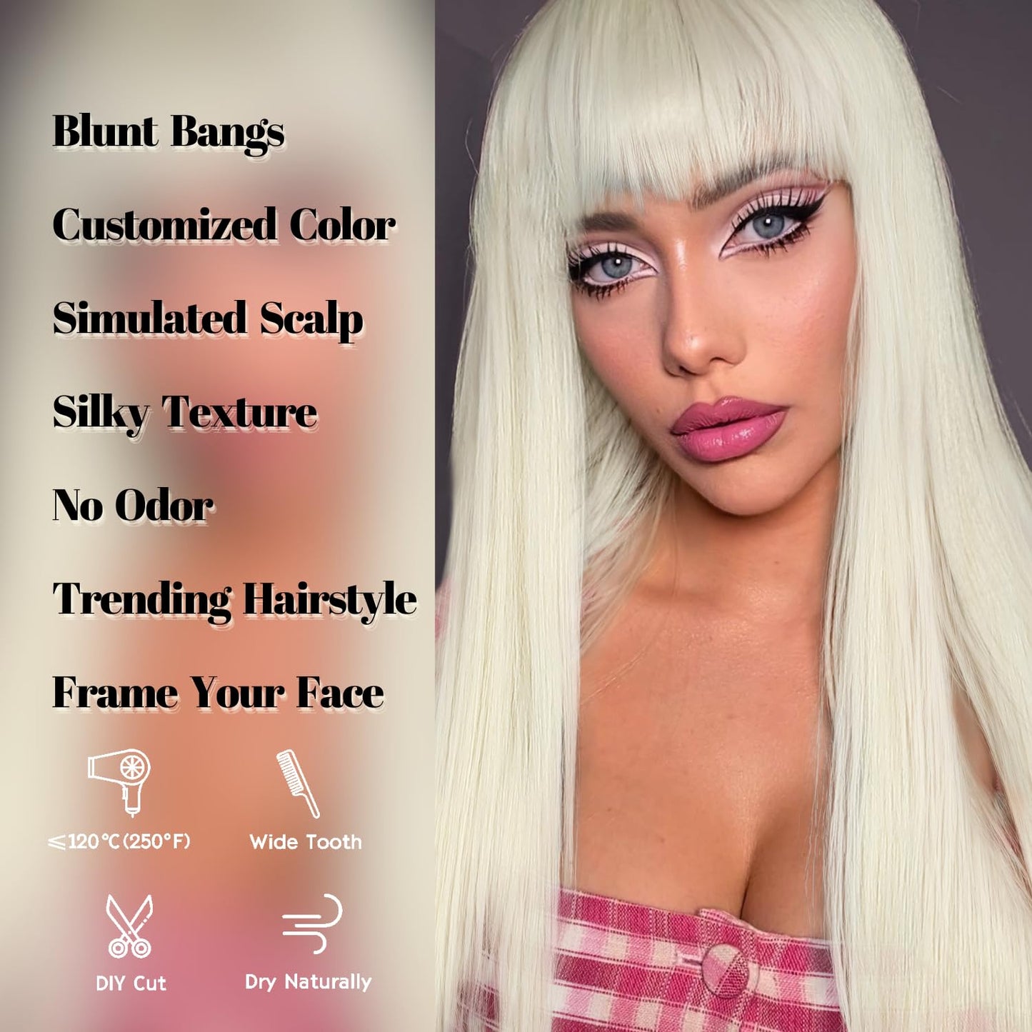 FANCEE Beige Wig with Bangs Long Straight Wig with Blunt Bangs for Women 26 Inch Synthetic Light Beige Blonde Wig with Layered Ends for Cosplay Halloween Party Daily Use