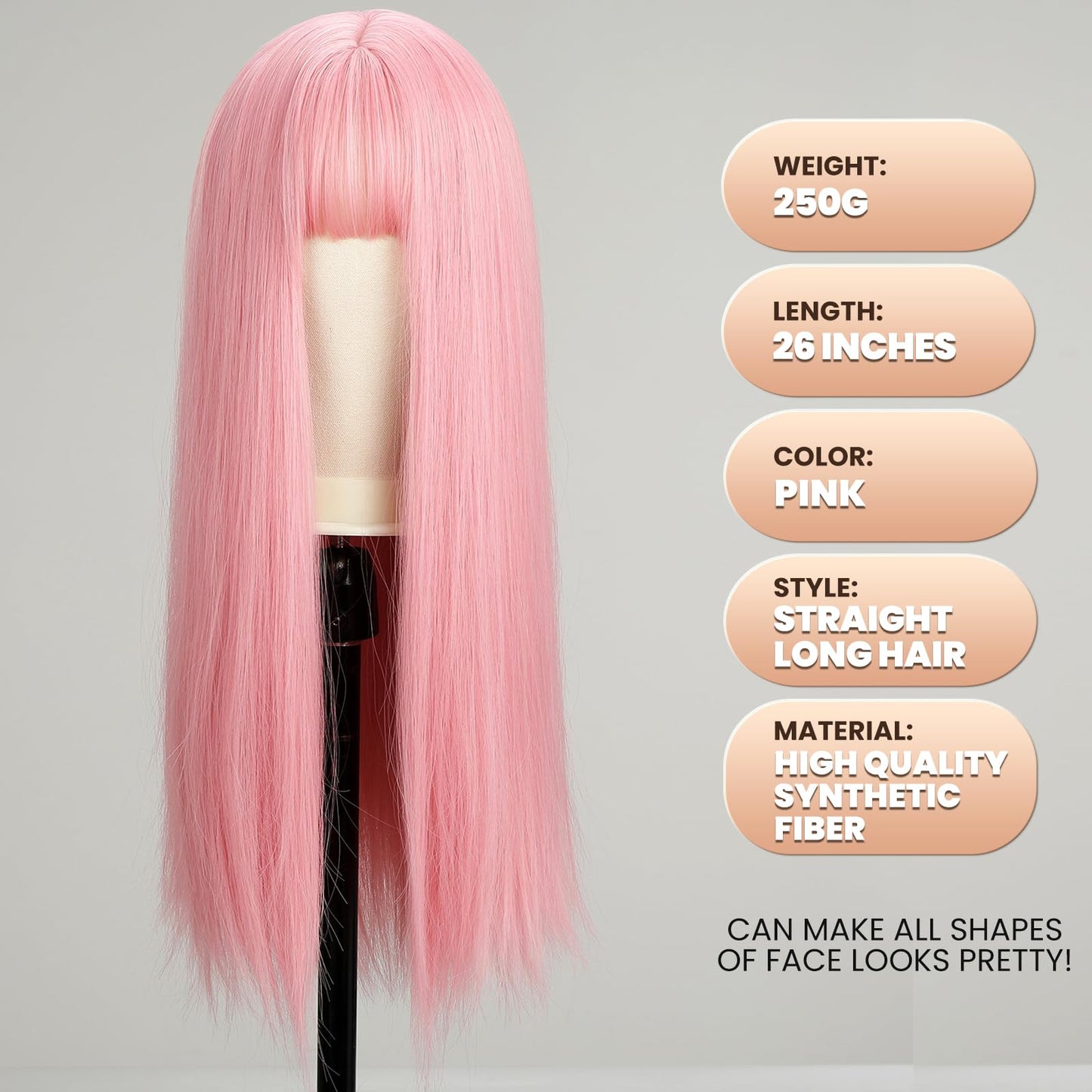 EMMOR Pink Wig With Bangs For Women Long Straight Wigs Synthetic For Girls Party Halloween Cosplay And Daily Use(26" Light Pink)