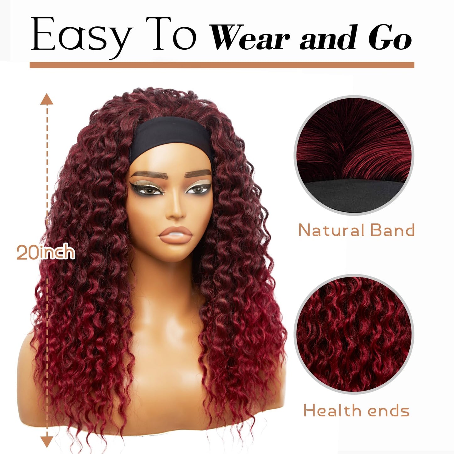 cuiud Red Headband Wig for Women 20Inch Ombre Burgandy Curly Headband Wigs for Black Women Synthetic Glueless None Lace Front Burgundy Hair for Daily（99j Ombre Red）