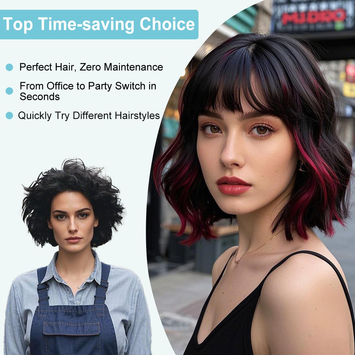 Amarlis Black Mixed Red Bob Wig with Bangs for Women, Natural Looking Heat Resistant Synthetic Wig 14 Inch Curly Bob Wig for Daily Party Use