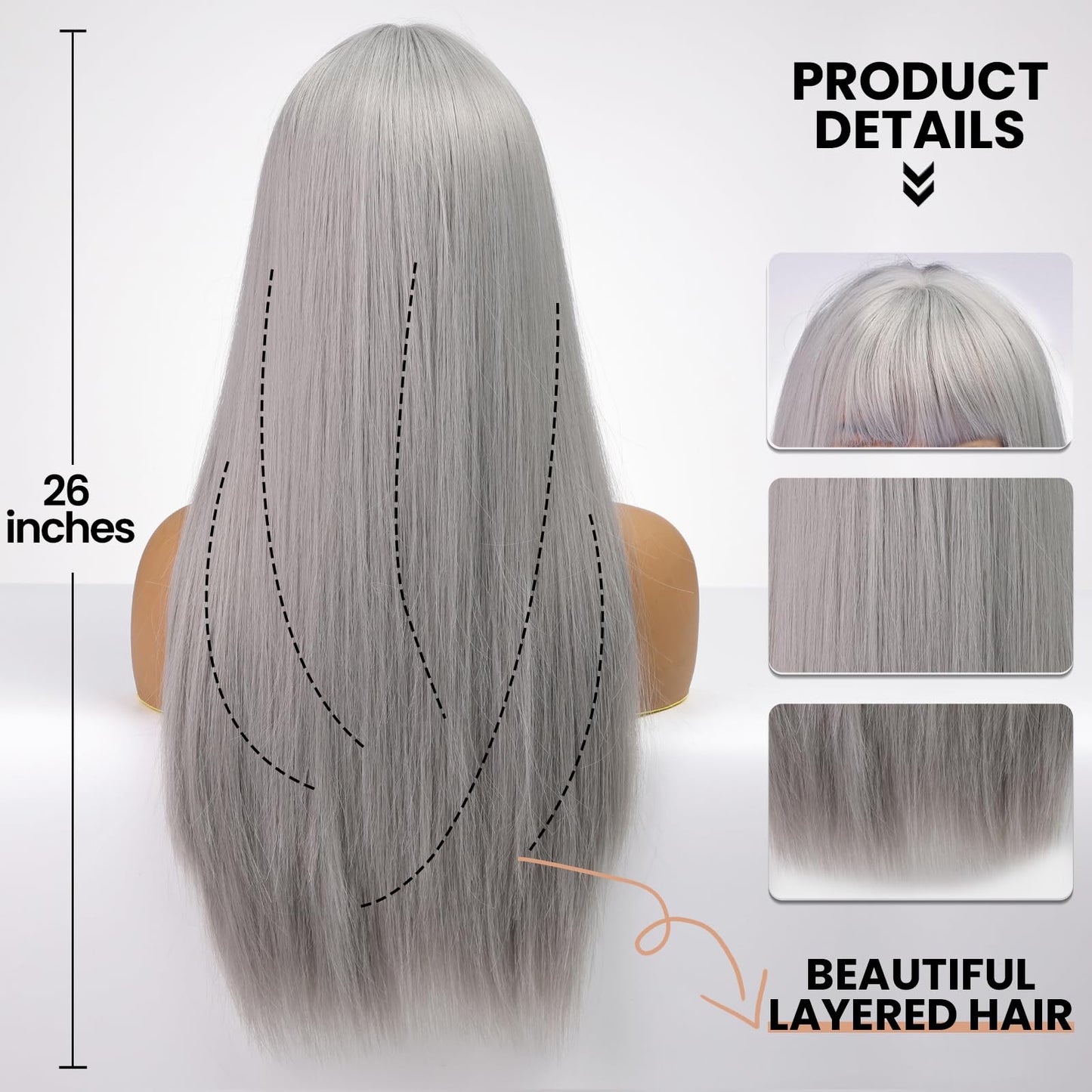 EMMOR Grey Wig With Bangs For Women Long Straight Wigs Synthetic Layered Hairstyle For Girls Party Cosplay And Daily Use(26" Silver Grey)