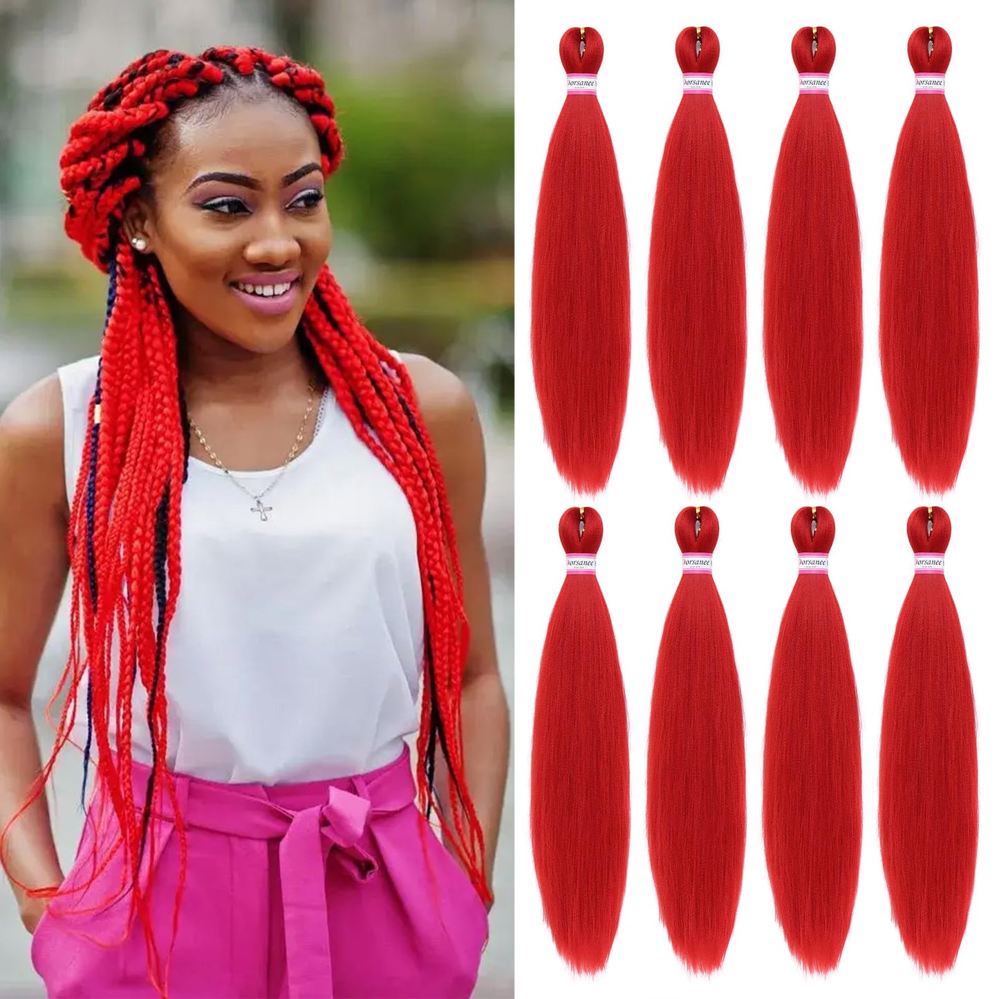 Red Braiding Hair Pre Stretched 20 Inch 8 Packs Braiding Hair Extensions for Crochet Box Braids Twists Locs Hair Soft Yaki Texture Hot Water Setting (20inch,#Red)