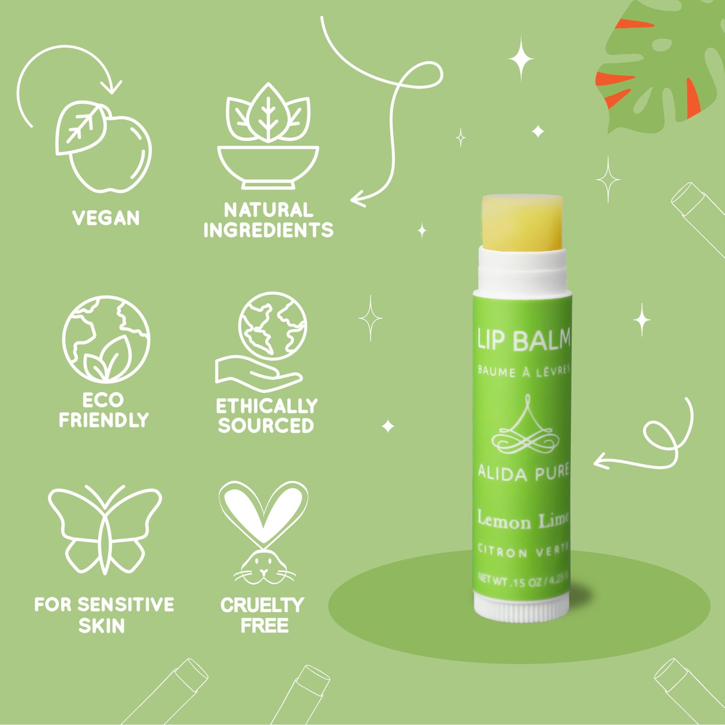 ALIDA PURE Lemon Lime Lip Balm Collection, Vegan Lip Balm Set, Bees Wax Free, Avocado Oil, Organic Jojoba Oil, Vitamin E, Moisturizer For Dry Cracked Lips, 3 Tubes per Set