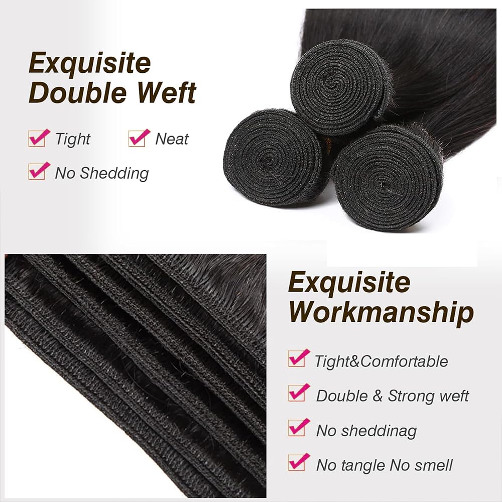 MIRONICA Straight Human Hair Bundles with Closure 26 28 30 + 24 Brazilian 3 Bundles Deals Human Hair with 4x4 Lace Closure Free Part 12A 100% Unprocessed Virgin Double Machin Weft Hair Extensions