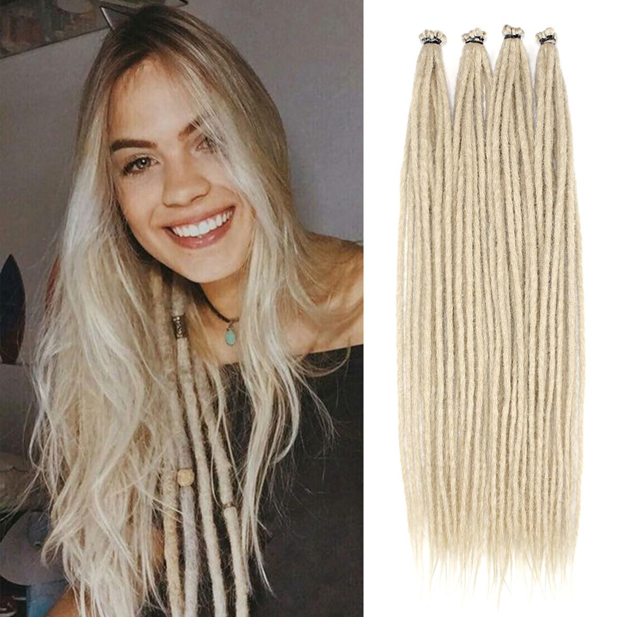 24 Inch 40 Strands Dreadlock Hair Extensions,Synthetic Hippie Single Ended Handmade Dreads,Thin 0.6cm Width Straight Reggae Style Dreadlocks for Woman,613 Blonde