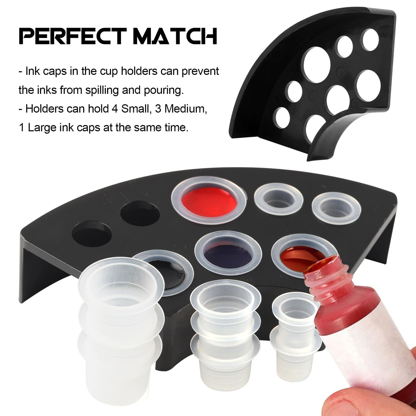 WZPB Tattoo Ink Caps with Cup Holder - 300 Mixed Size Tattoo Ink Cups 100 Small 100 Medium 100 Large with 3 Black Tattoo Ink Cap Holders Permanent Makeup Container for Tattoo Ink Tattoo Supplies