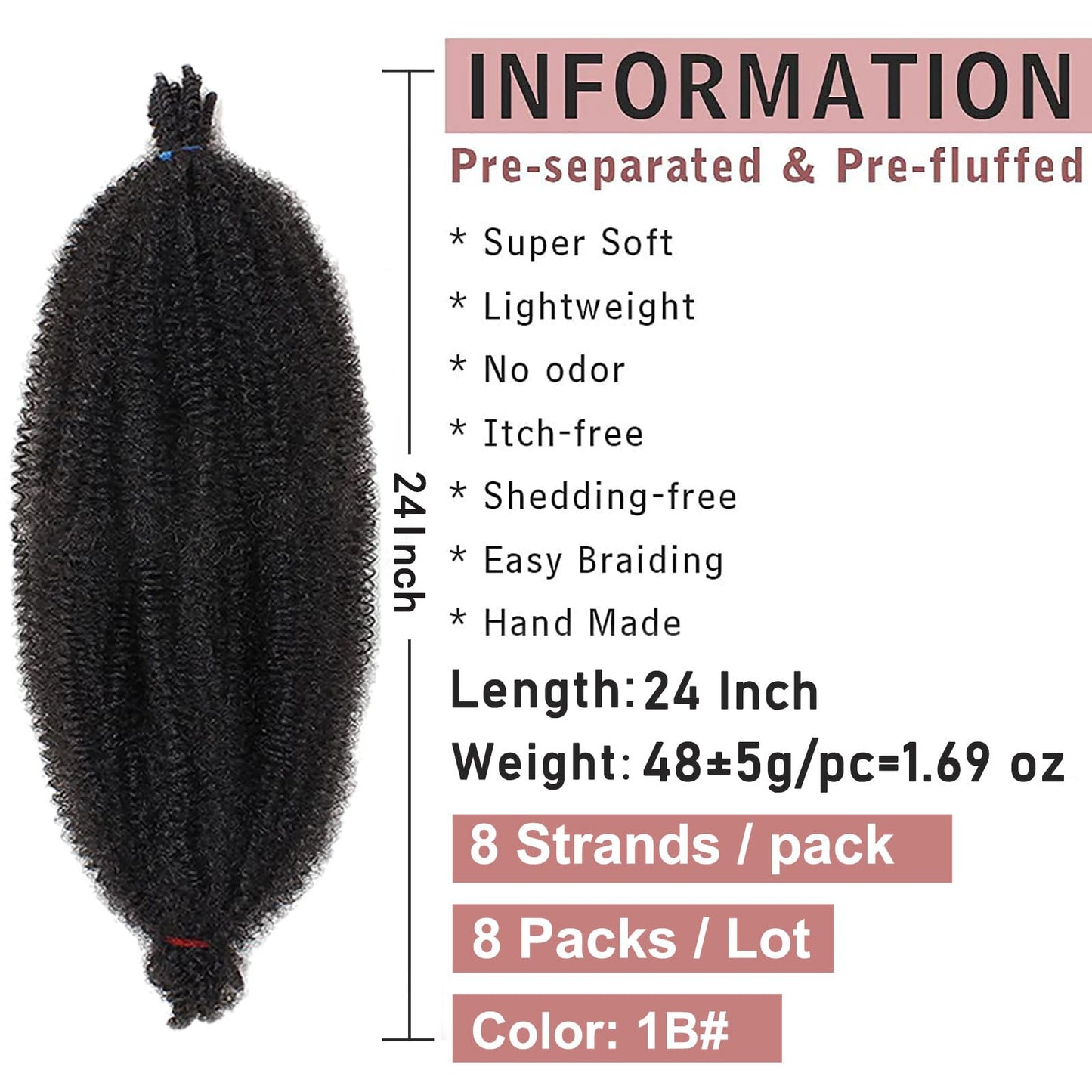 24 Inch Long Pre-Separated Springy Afro Twist Hair 8 Packs Spring Twist Hair For Distressed Soft Locs Natural Black Marley Twist Braiding Hair Synthetic Hair Extension For Women (8 Strands/Pack,1B#)