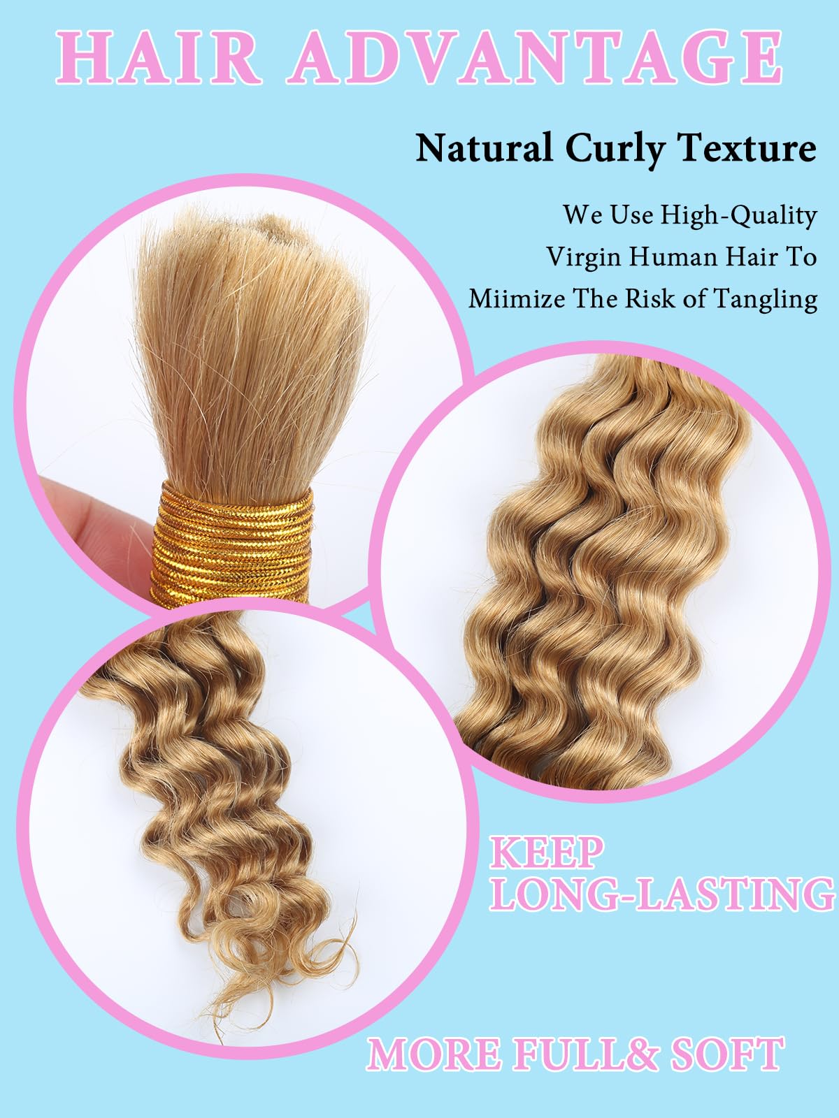 Honey Blonde Human Braiding Hair for Boho Braids 2 Bundles 18 Inch 100g #27 Deep Water Wave Bulk Human Hair for Braiding Wet and Wavy Curly Bundles No Weft Micro Braiding Hair Human Hair Extensions