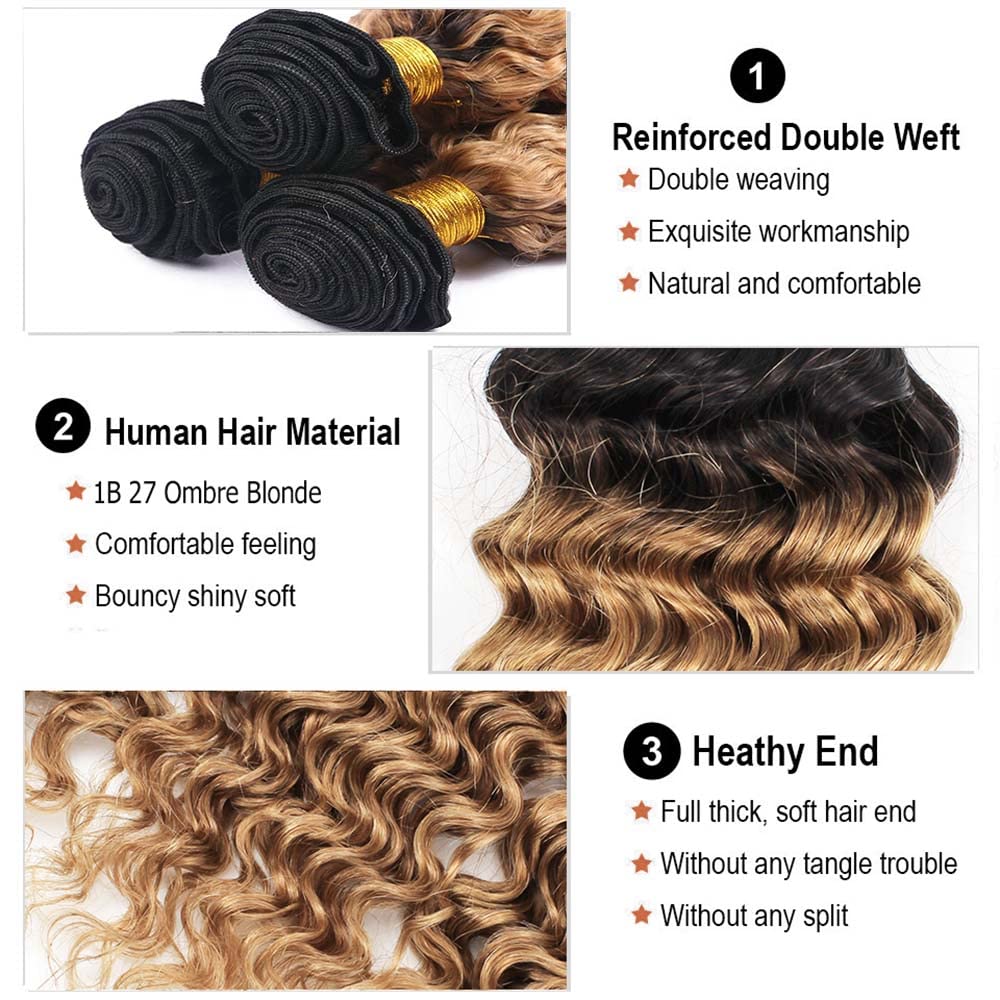 10 12 14 inch Ombre Bundles Honey Blonde Human Hair 1B27 Brazilian Real Unprocessed Virgin Deep Wave Human Hair Bundles
