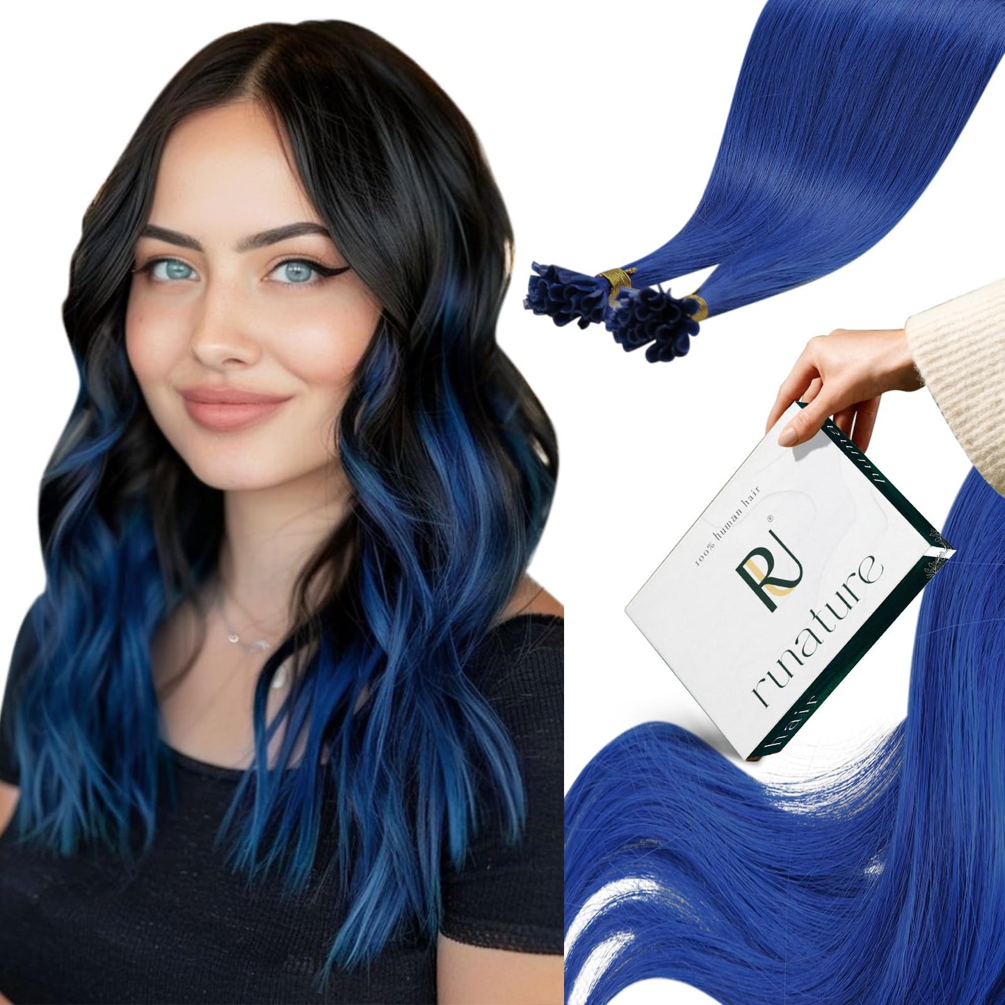 RUNATURE U Tip Human Hair Extensions - Blue Straight for Party - Hot Fusion Colorful 14 Inch 20g 25s