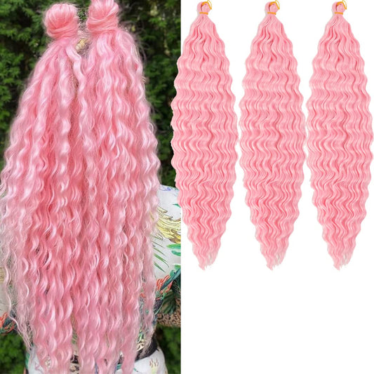 24 inch Ocean Wave Crochet Hair Deep Wave Twist Crochet Hair Extensions Curly Braiding Hair 3 packs Long Wavy Water Wave Braids For Women Synthetic Crochet Braid Hair (24 inch, Pink)