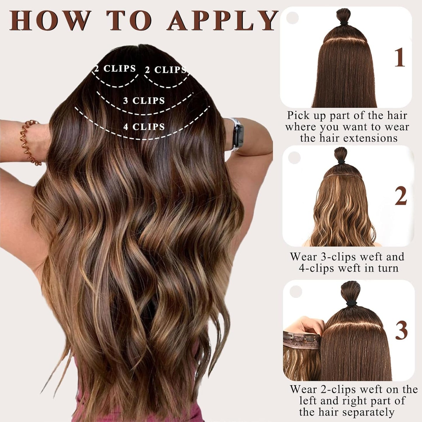 NAYOO Clip in Curly Hair Extensions 4PCS Long Wavy Synthetic Thick Hairpieces with Fiber Double Weft for Women Hair Full Head (24 Inch, Auburn)