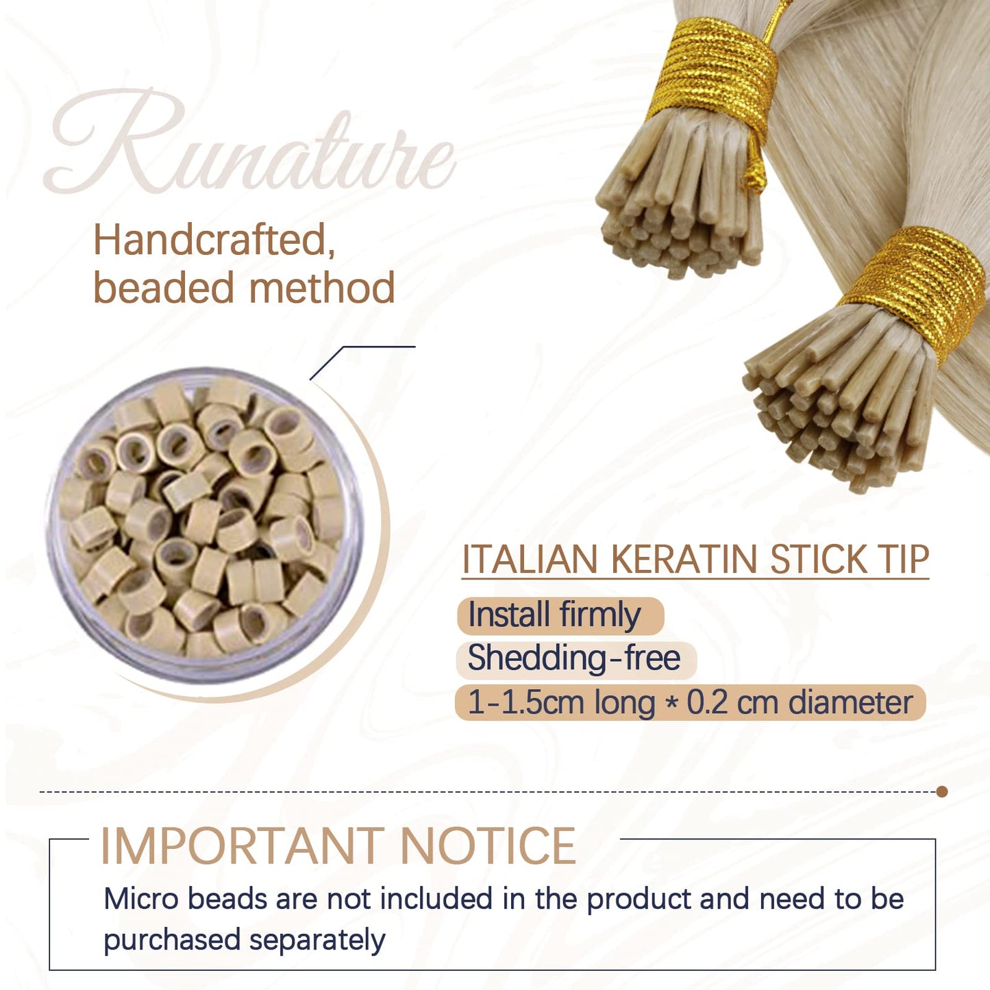 RUNATURE I Tip Hair Extensions Human Hair,Cold Fusion Extensions I Tip,Invisible Remy Hair Extensions,#800 White Blonde 14Inch 50G 100s