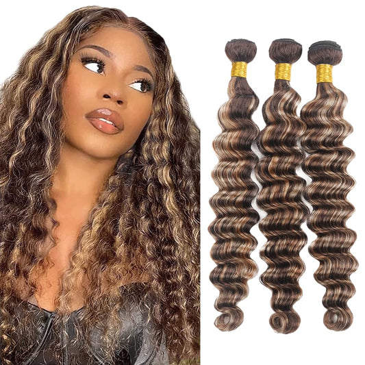 Fridnae Hair P4/613 Ombre Deep Wave Human Hair Bundles - Highlight Blonde, Two Tone Dark Brown Mixed - 14 Inch
