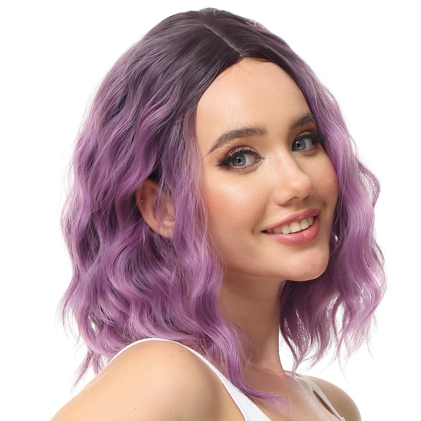 Rose bud Wavy Bob Wig Natural Wig Ombre Purple Synthetic Hair Shoulder Length Short Curly Middle Part Lace Front Wigs for Women