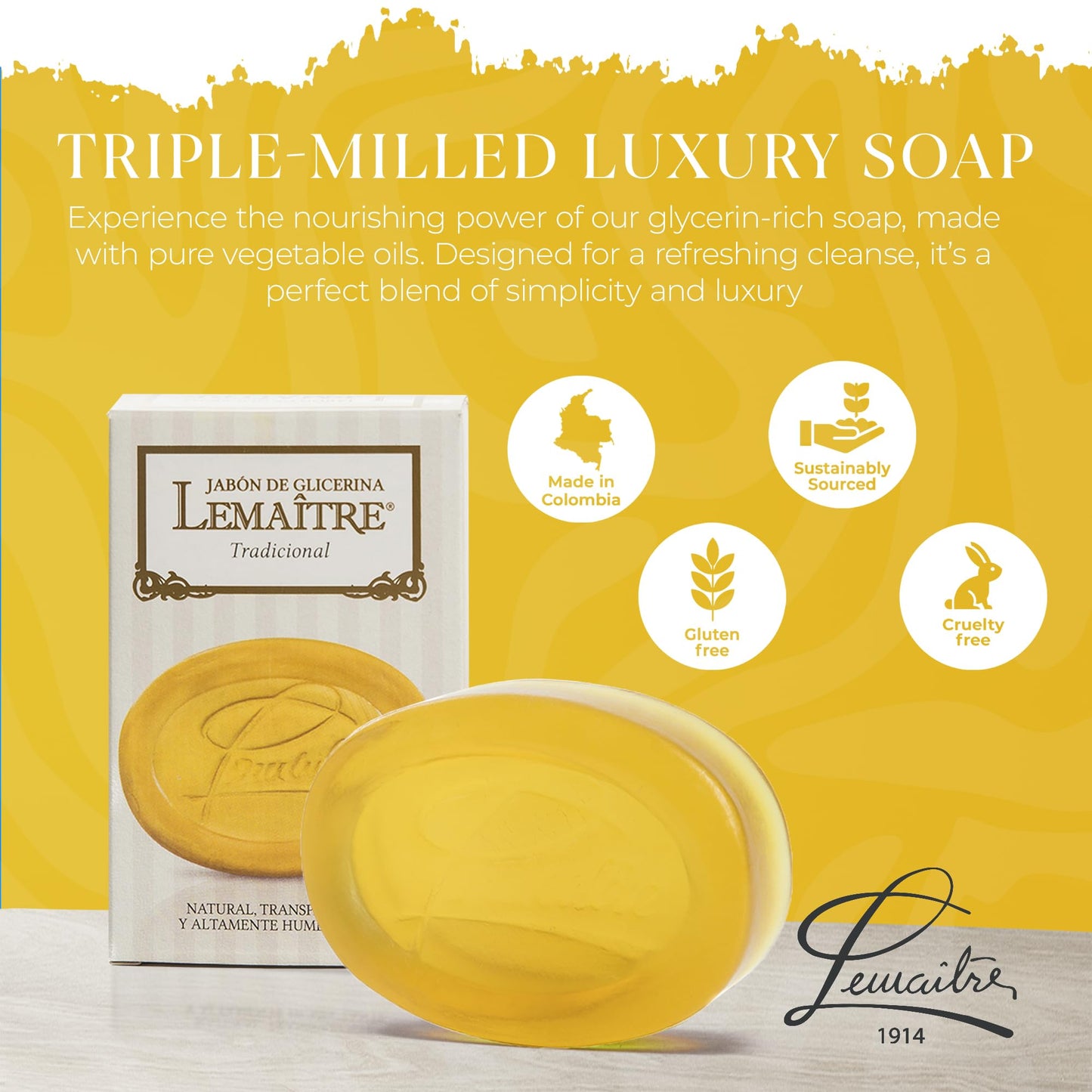 LEMAITRE Glycerin Soap - Vegan Transparent Bar, Gentle Cleanse, Vegan Bar, Cruelty-Free, Fragrances & Skin care for Women, Men (3.17 Ounce (Pack of 1), Traditional)