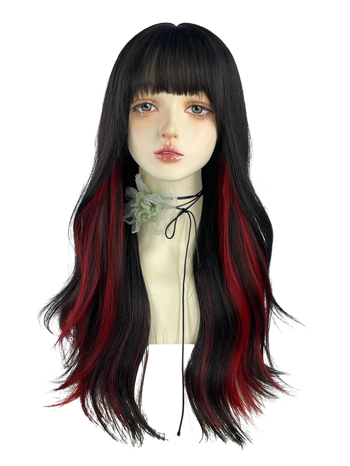 WKLOUYHE Long Wavy Wig for Women Synthetic Curly Wig with Bangs Fibre Cosplay Wig for Girls Daily Use Colorful Wigs (Black+Red)