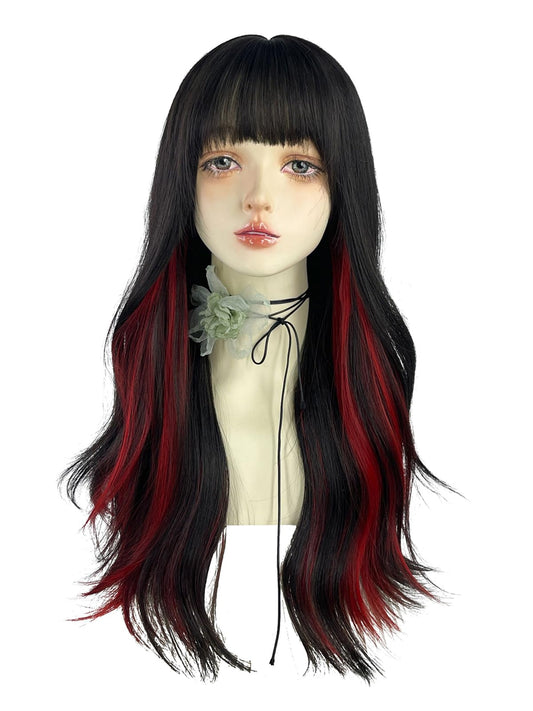 WKLOUYHE Long Wavy Wig for Women Synthetic Curly Wig with Bangs Fibre Cosplay Wig for Girls Daily Use Colorful Wigs (Black+Red)