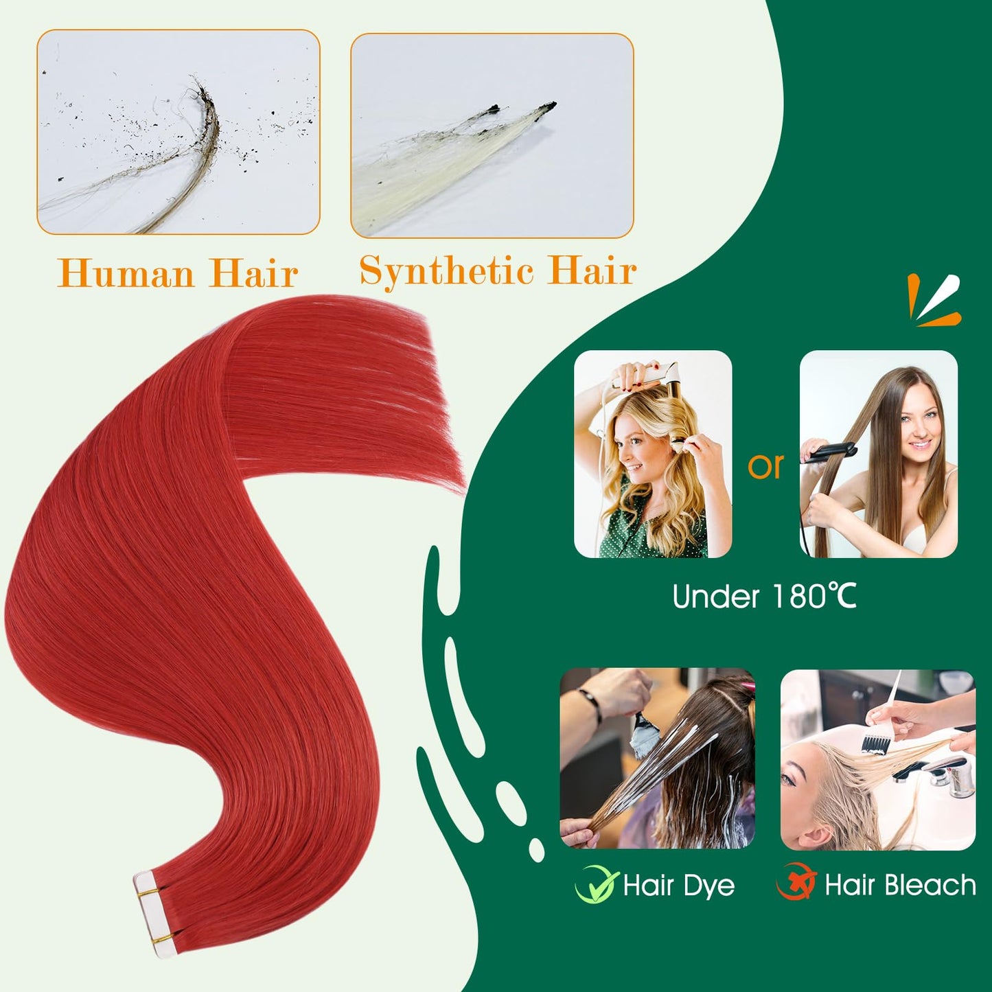 Easyouth Human Hair Tape in Extensions Red Tape in Hair Extensions Human Hair Red Tape ins Human Hair Extensions Colorful Hair Extension Real Human Hair Tape ins 18Inch 50g 20pcs Diy Hair Extension