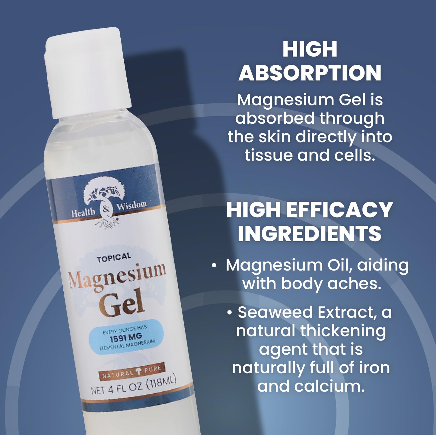 Health and Wisdom Topical Magnesium Gel with Seaweed Extract - Magnesium Gel Topical for Muscles, Magnesium Topical Gel, Gel Magnesium, All Natural Magnesium Gel, Magnesium Chloride Gel - 4 Fl Oz