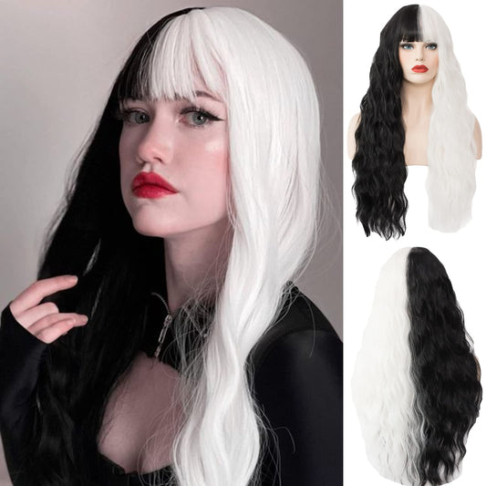 WGPFWIG Women's Black and White Wig 27 Inches Long Curly Wavy Hair Wig Heat Resistant Fibers Synthetic Wig For Women Girl Cosplay Party Halloween Wig Cap Included (Black and White)