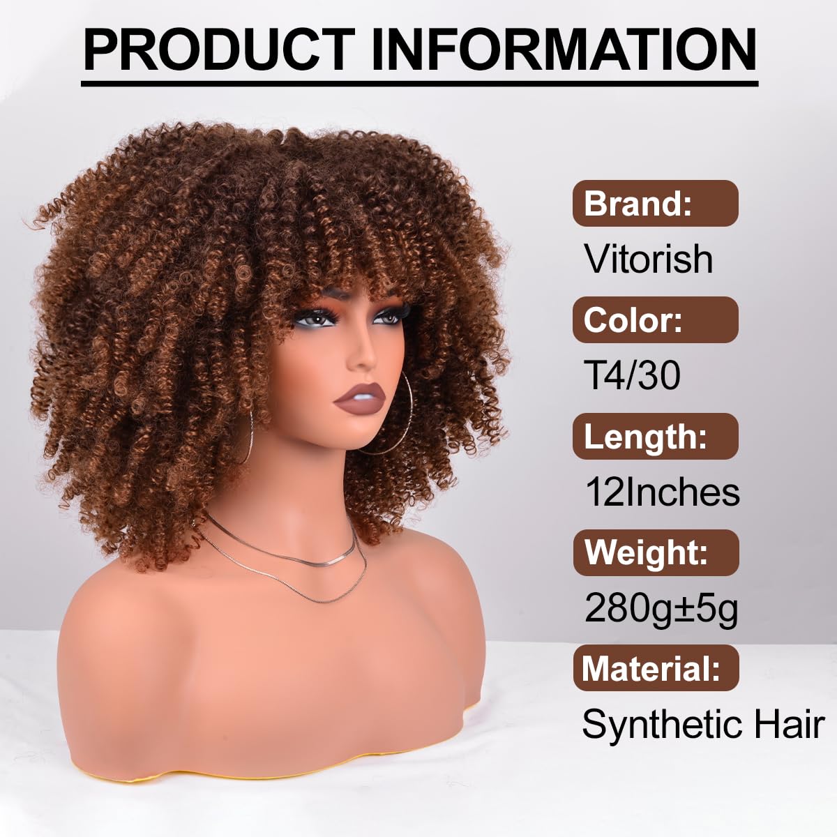 Vitorish Afro Wigs for Black Women Kinky Curly Hair Wig about 280g/Piece Afro Synthetic Full Wigs Soft and Fluffy Like a Bomb 12 Inches Short Kinky Curly Hair (Ombre Brown)