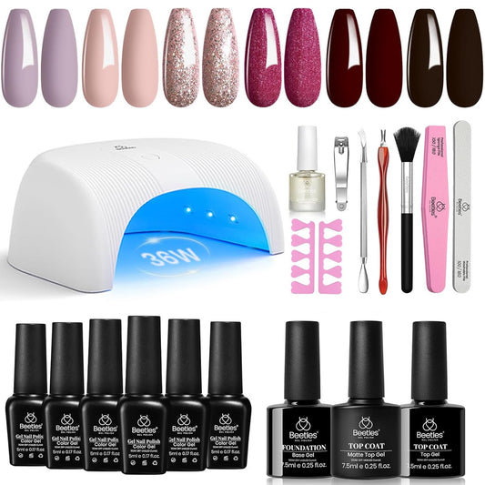 Beetles Gel Nail Polish Kit with UV Light 6 Colors Purple Nude Red Black Gel Polish 25 Pcs Starter Kit Soak off 36W LED Nail Lamp Gel Nail Polish Set Salon DIY Nail Decoration Gifts for Women