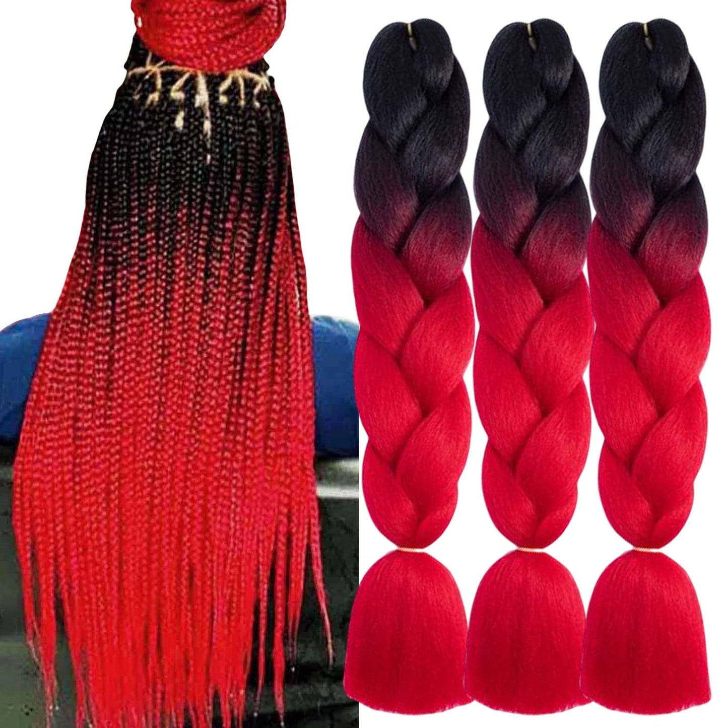 TENGSHUO FLY Black to Red Braiding Hair 3 Packs Synthetic Braid Hair Extensions Jumbo Ombre Braiding Hair 24"or Box Braids Twist Crochet Braids(24"3Pack,Black to Red/B1)