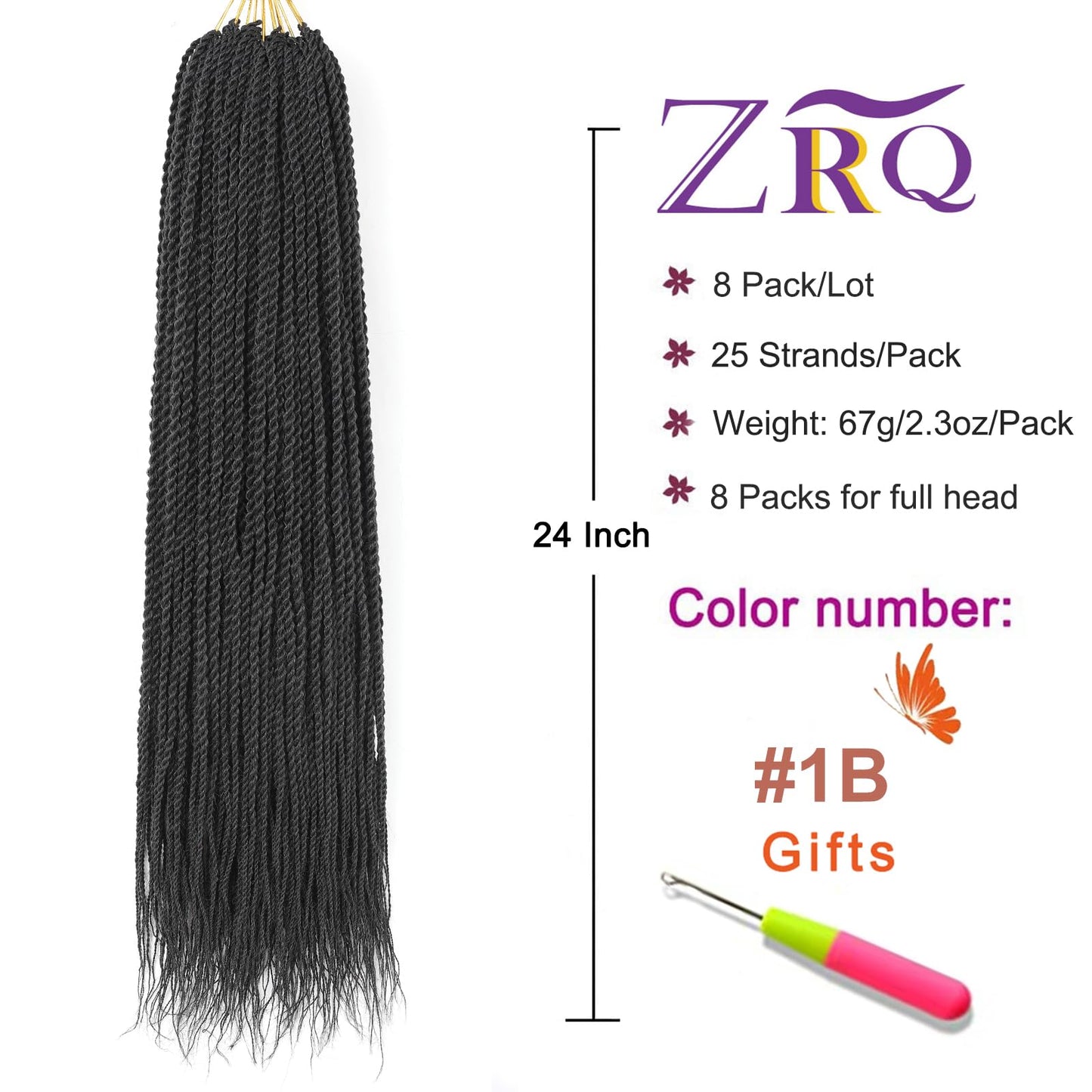 ZRQ Senegalese Twist Crochet Hair For Black Women 24 Inch Long PreTwisted Crochet Hair 25 Strands Pre Looped Crochet Braids 8 Packs Crochet Twist Hair