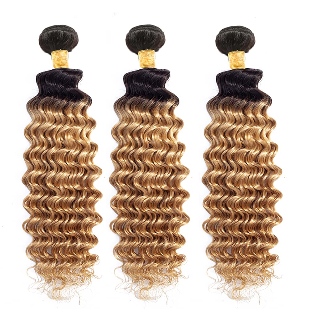 26 28 30 Inch Blonde Deep Wave Bundles Ombre Human Hair Bundles 2 Tone Black and Honey Blonde Bundle Peruvian Grade 8A Virgin Hair Extensions 1B/27 Deep Wave Hair Weave
