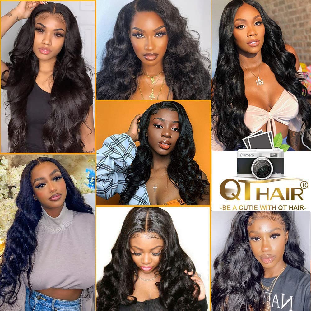 QTHAIR 12A Grade Body Wave Bundles with Frontal Human Hair Bundles with Lace Frontal Body Wave Hair Brazilian Virgin Hair Ear To Ear Frontal with Body Wave Bundles (12 14 14+10 frontal, Natural Color)