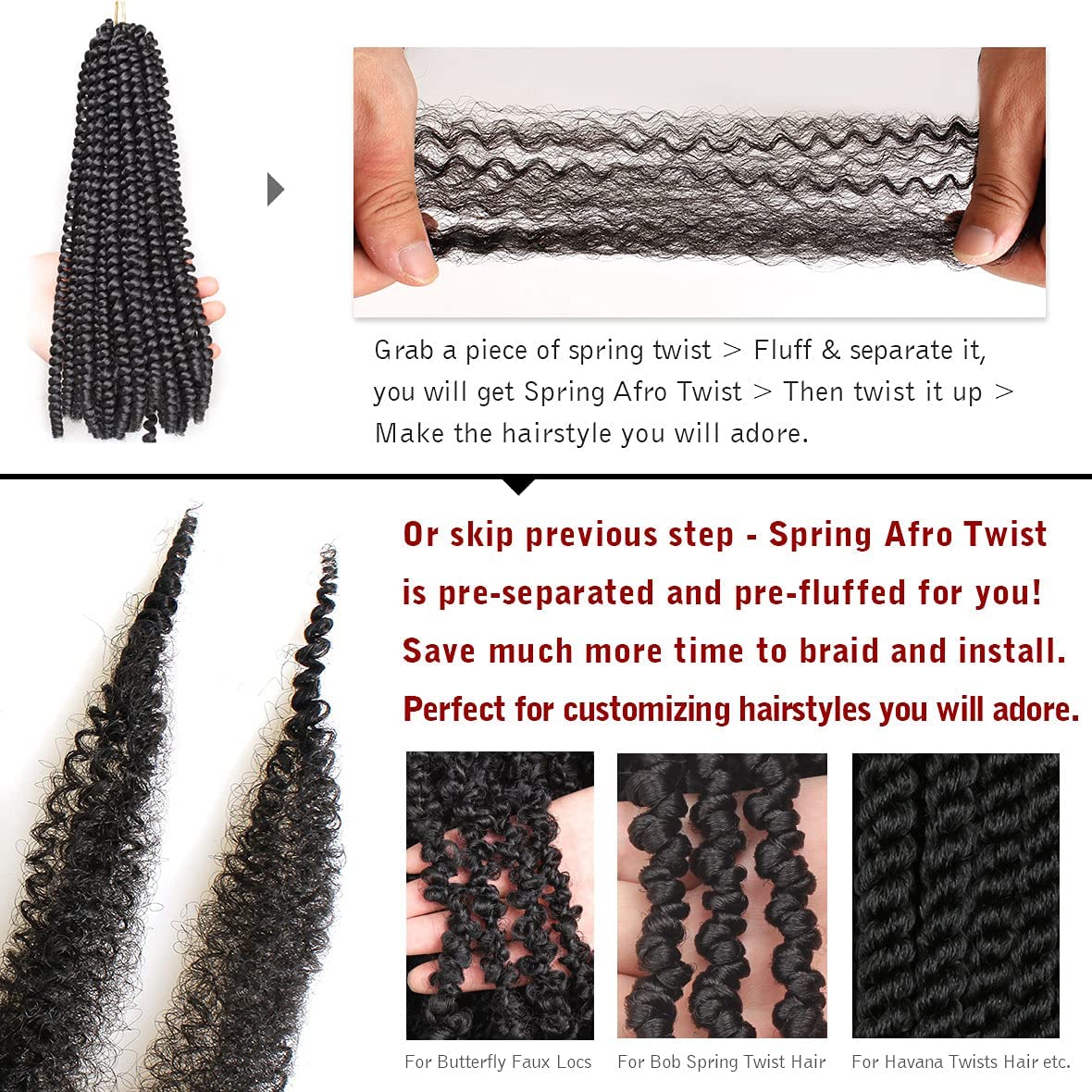 24 Inch Long Pre-Separated Springy Afro Twist Hair 8 Packs Spring Twist Hair For Distressed Soft Locs Natural Black Marley Twist Braiding Hair Synthetic Hair Extension For Women (8 Strands/Pack,1B#)