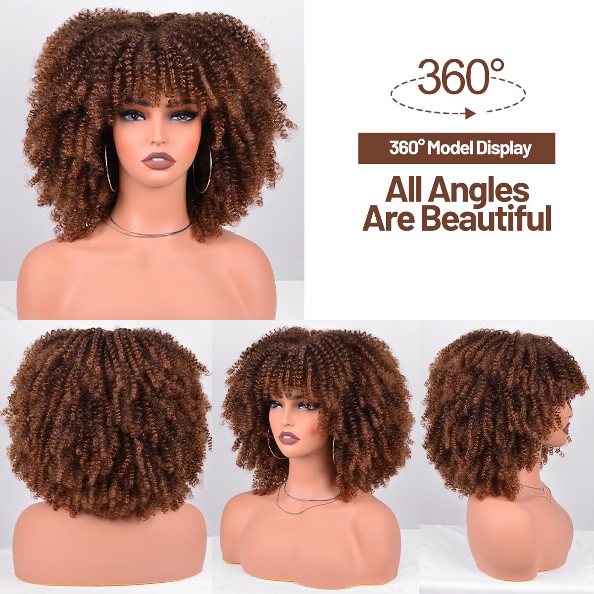 Vitorish Afro Wigs for Black Women Kinky Curly Hair Wig about 280g/Piece Afro Synthetic Full Wigs Soft and Fluffy Like a Bomb 12 Inches Short Kinky Curly Hair (Ombre Brown)