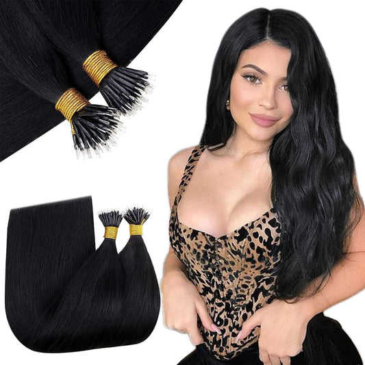 RUNATURE 18 Inch 50g Nano Bead Hair Extensions Real Human Black Nano Hair Extensions Pro Bonded Long Link Natural Hair 50 Strands #1