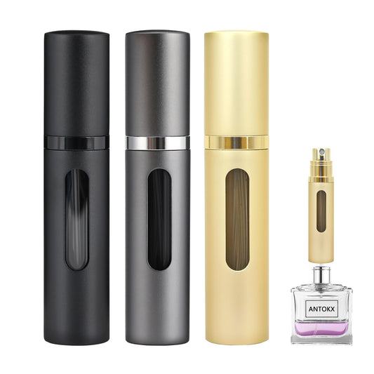 ANTOKX Perfume Travel Refillable Atomizer - 3-PAck 5ML Pocket Perfume Bottle, Travel Perfume Atomizer Refillable Perfume Spray Bottle, Portable Perfume Sprayer (Black & Gray & Gold)