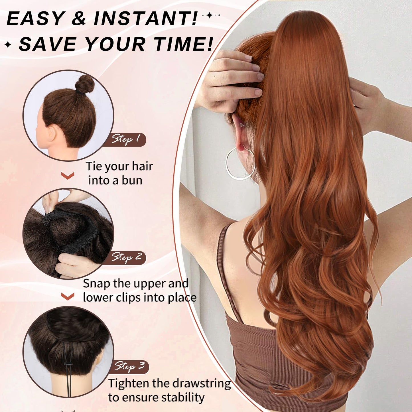 CHRSHN Ponytail Extension, Drawstring Ponytail Extension for Women 26 Inch Long Wavy Pony Tails Hair Extensions Synthetic Clip in Ponytail Hairpiece for Women(350#)