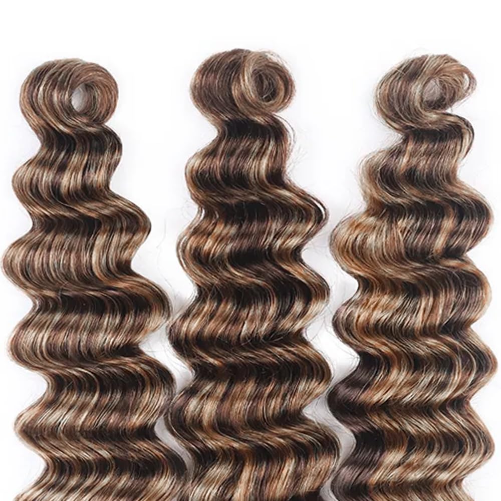 Fridnae Hair P4/613 Ombre Deep Wave Human Hair Bundles - Highlight Blonde, Two Tone Dark Brown Mixed - 14 Inch