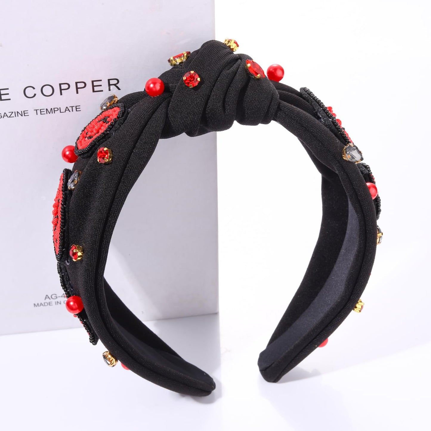 JERTOCLE Football Knotted Headbands for Women Game Day Sports Headband Pearl Crystal Bejeweled Wide Top Knot Hairband Game Day Hair Accessories (Red Black2)