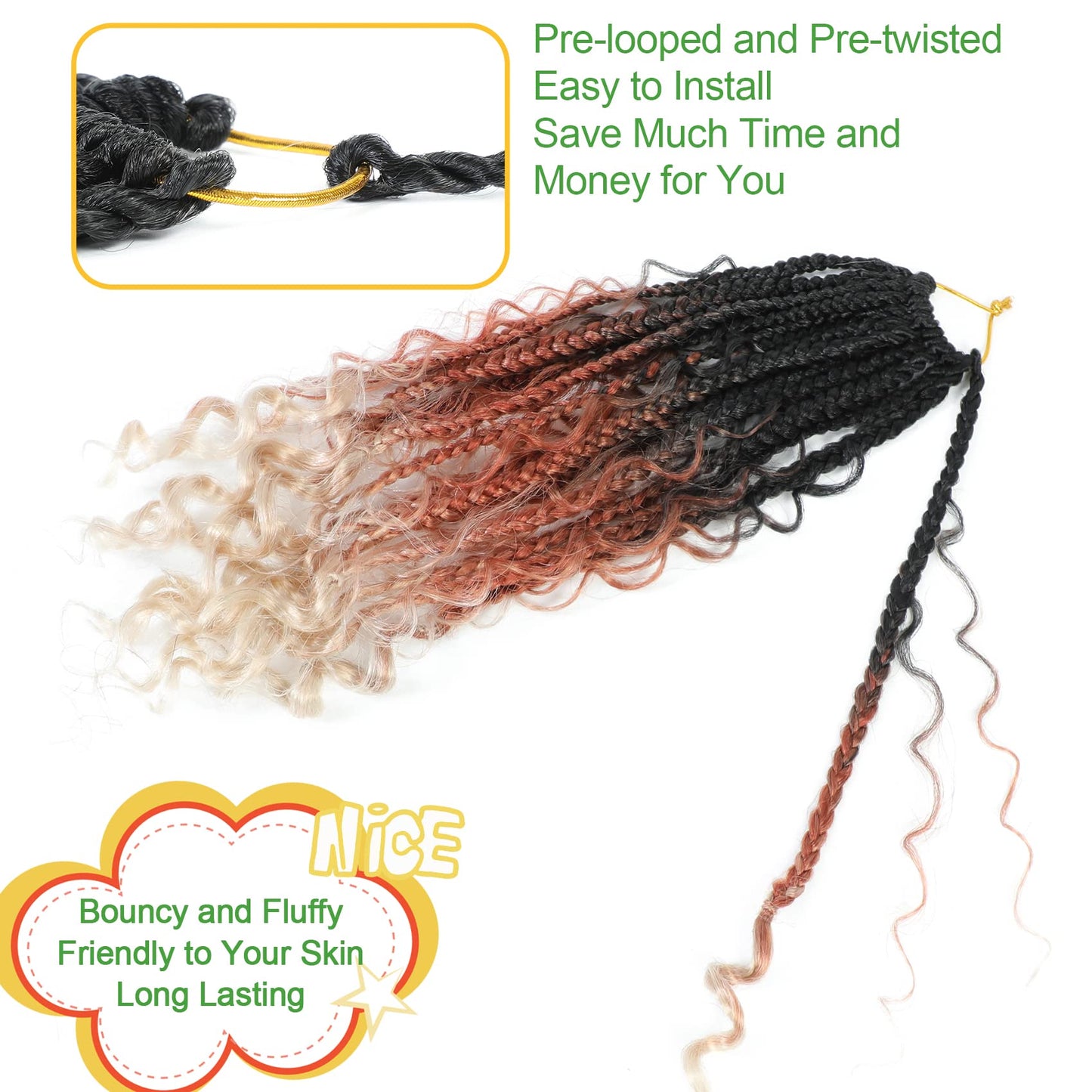 Fulcrum Goddess Box Braids Crochet Hair 12 Inch, 9 Packs Boho Box Braid Crochet Hair for Women, Pre-looped Bohemian 3X Crochet Braids with Curly Ends (12Inch, 1B/30/613#)