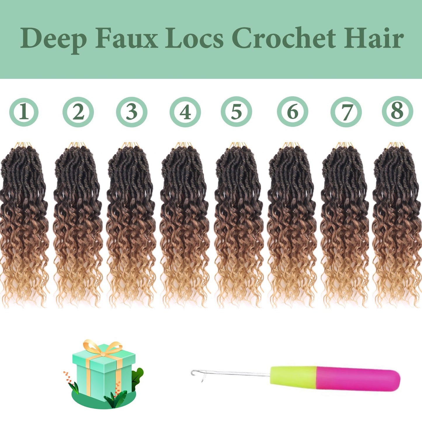Deep Faux Locs Crochet Hair 14 Inch 8 Packs Goddess Locs Crochet Hair 1B3027 Soft Loc Faux Loc Crochet Braids with Curly Ends Prelooped Deep Wave Croceht Braids for Black Women(Black to Blonde)