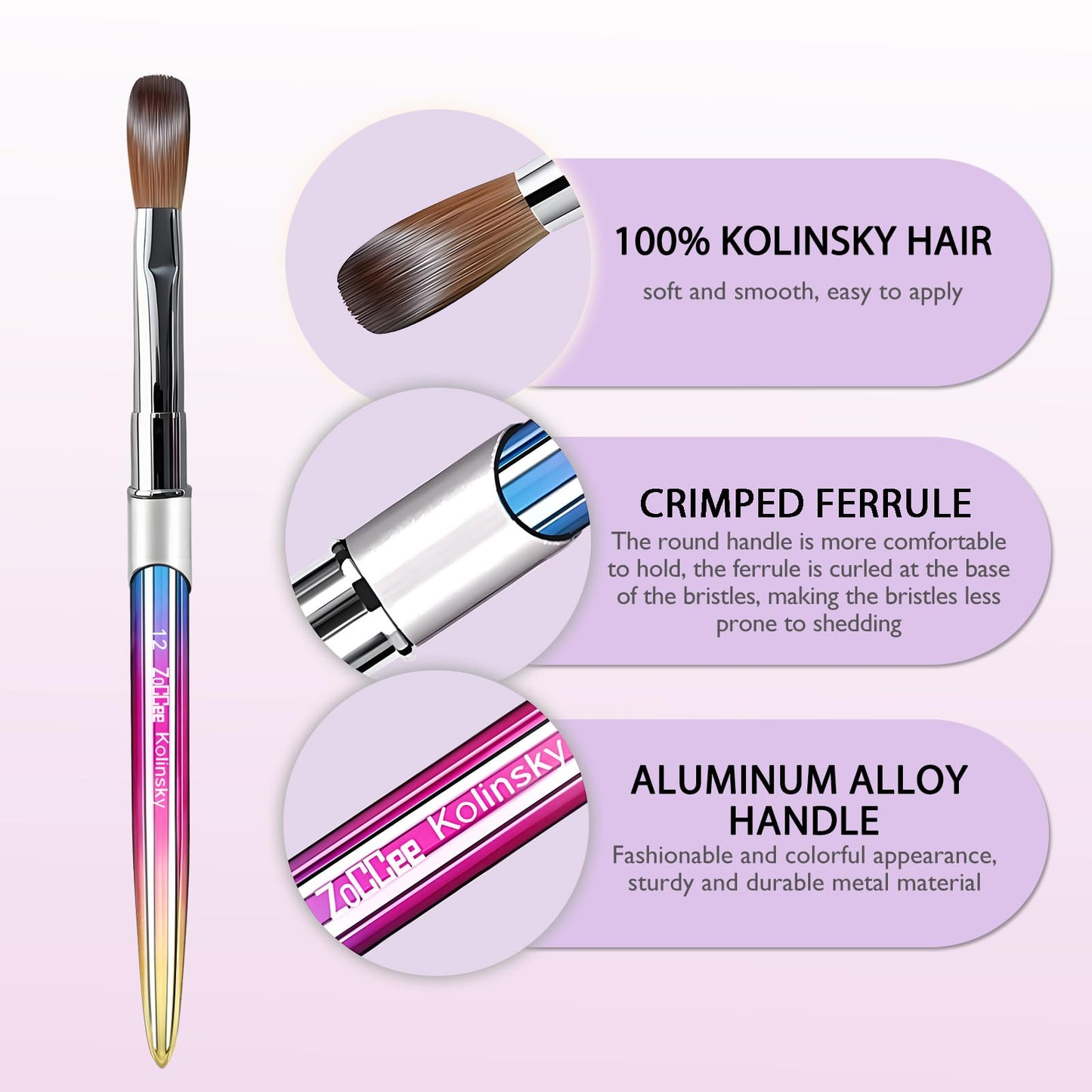 Acrylic Nail Brush Size 10-100% Kolinsky Nail Brushes for Acrylic Application - Acrylic Powder Brush for Nail Art - Nail Brush Acrylic for Professional Manicure DIY Home Salon (Gradient)