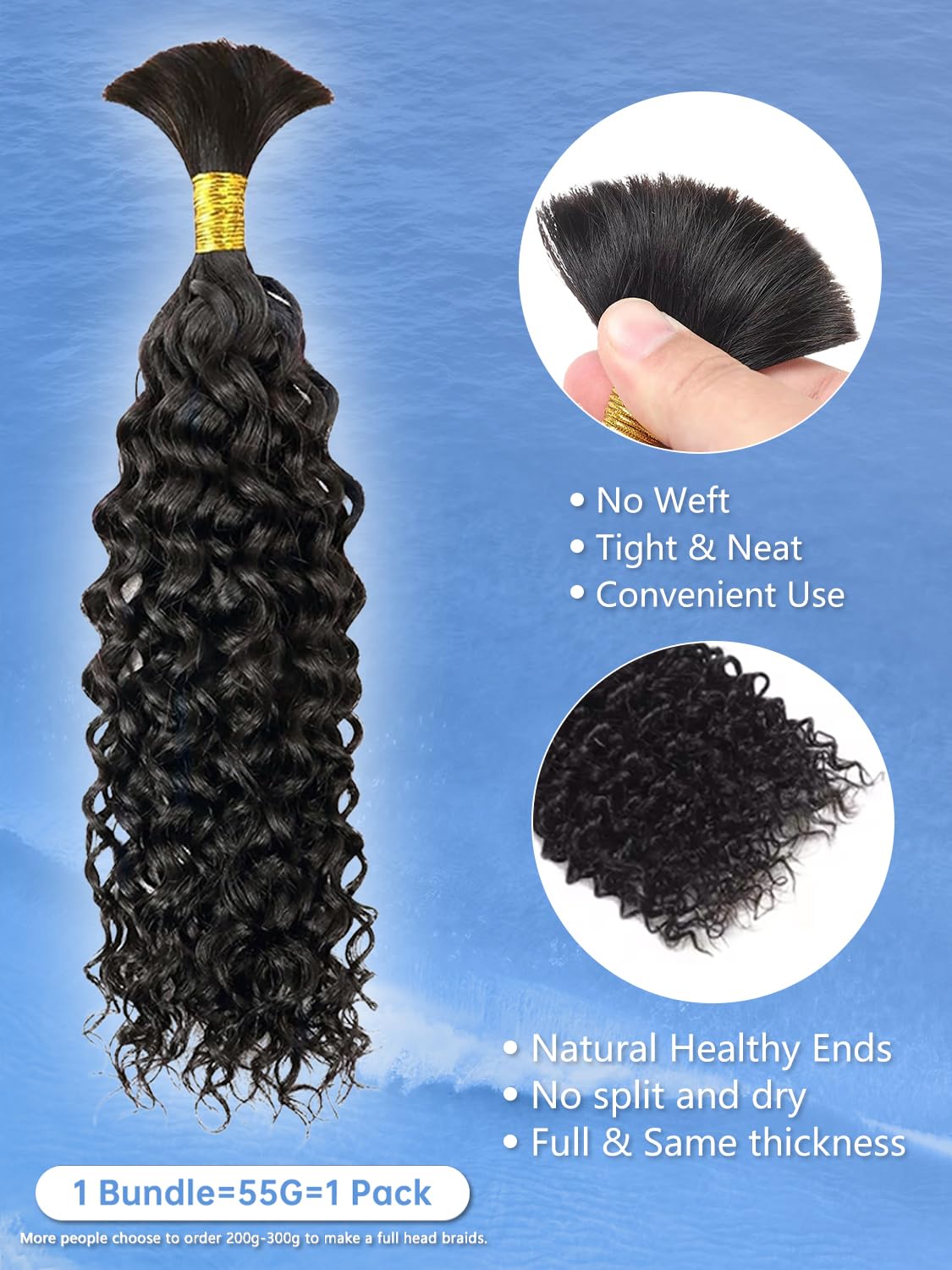 Human Braiding Hair Water Wave 55g Human Hair for Braiding 24 Inch Boho Braids Human Hair Wet and Wavy Boho Knotless Braids No Weft Brazilian Virgin Bundles Curly Black