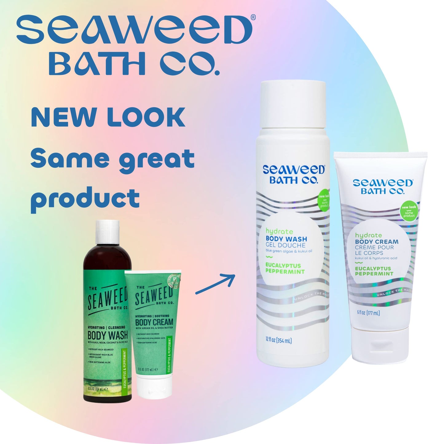 Seaweed Bath Co. Body Wash and Body Cream Duo, 12 Ounce, 6 Ounce, Eucalyptus Peppermint Scent, Sustainably Harvested Seaweed