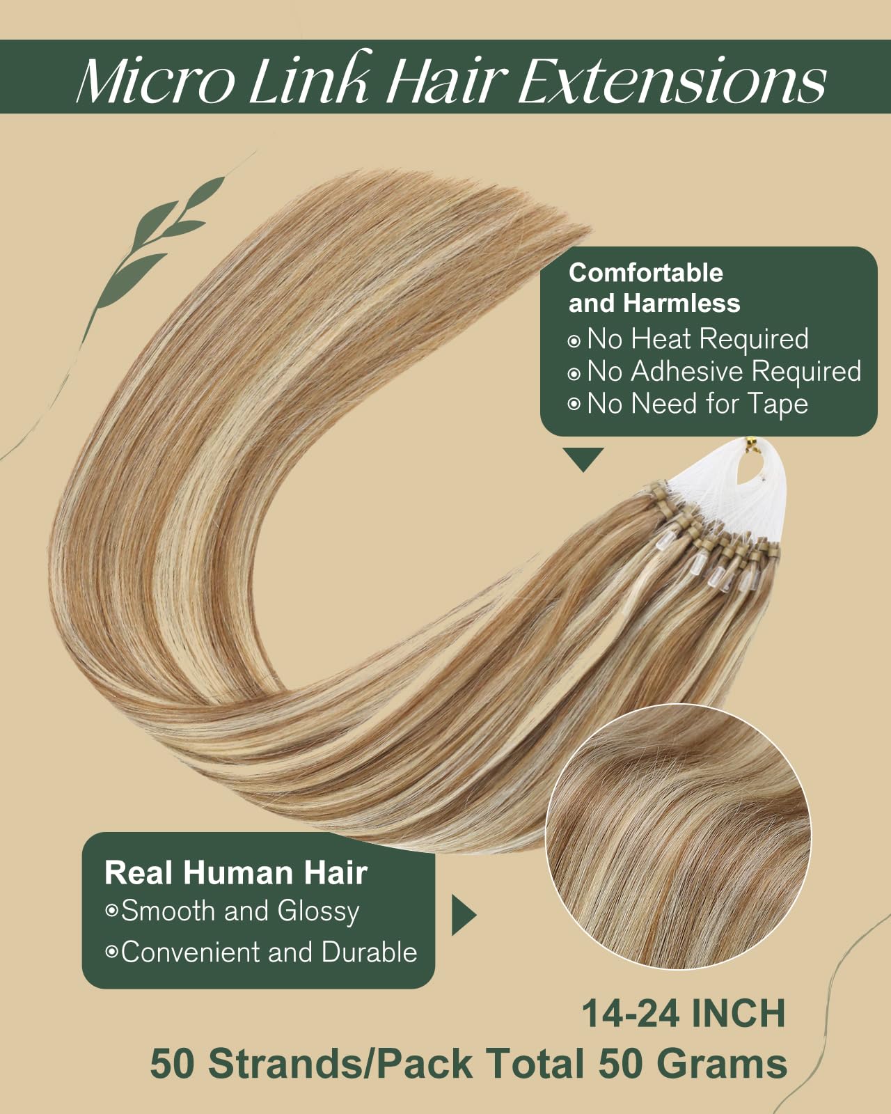 Ugeat Micro Loop Hair Extensions Golden Brown Highlights Bleach Blonde Micro Bead Hair Extensions Real Human Hair Micro Link Hair Extensions Cold Fusions Hair Extensions 14 Inch 50s 50g