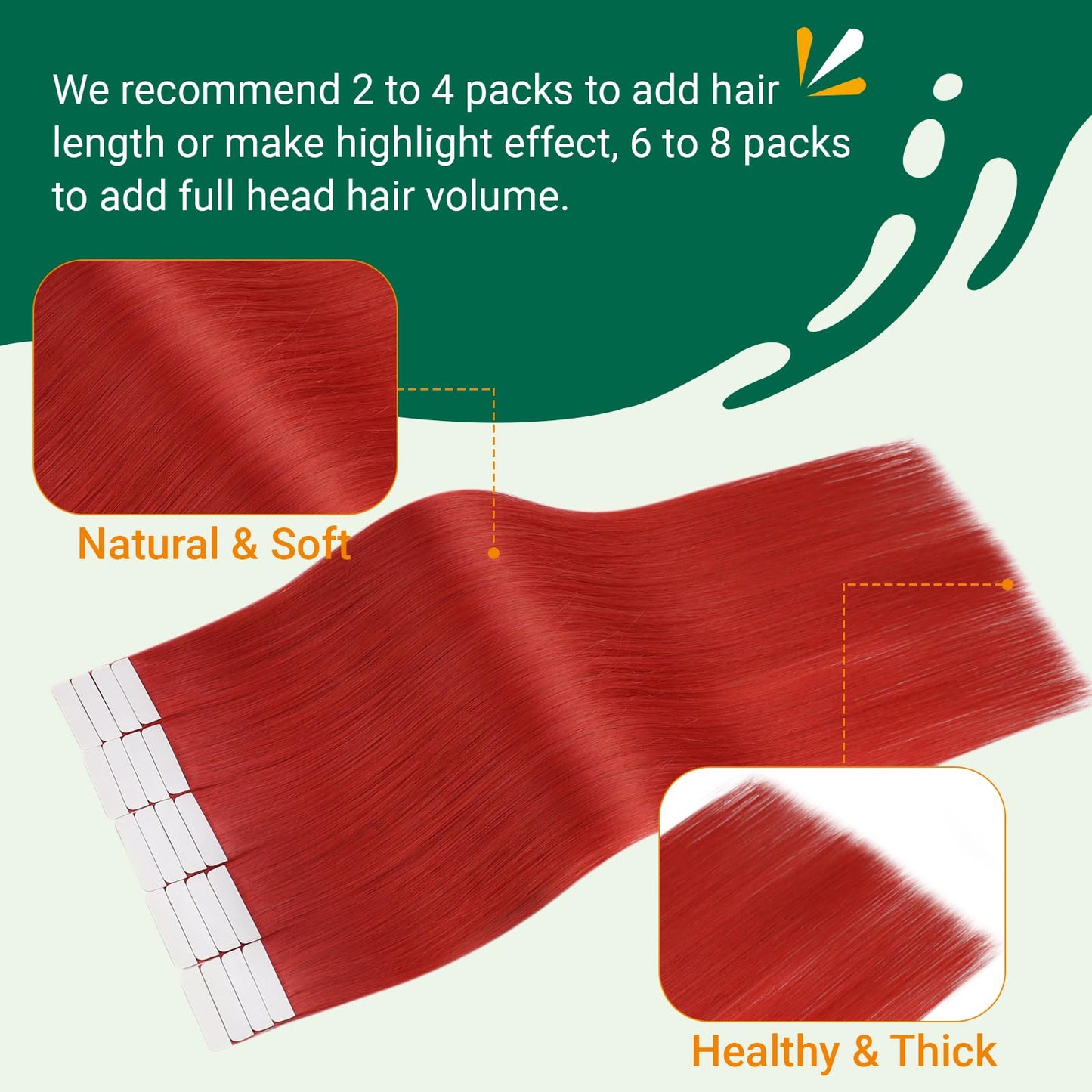 Easyouth Human Hair Tape in Extensions Red Tape in Hair Extensions Human Hair Red Tape ins Human Hair Extensions Colorful Hair Extension Real Human Hair Tape ins 18Inch 50g 20pcs Diy Hair Extension