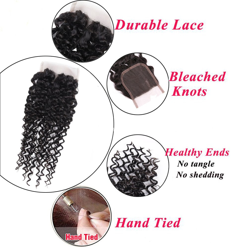 Amella Hair Brazilian Virgin Curly Hair Closure With 3 Bundles(18 20 22+18Closure)8A Unprocessed Human Hair Curly Bundles with Closure Natural Black Curly Weaves Closure Free Part Human Hair Extension