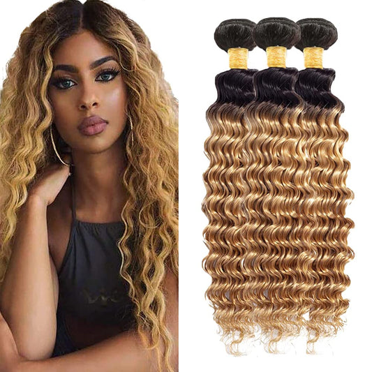 26 28 30 Inch Blonde Deep Wave Bundles Ombre Human Hair Bundles 2 Tone Black and Honey Blonde Bundle Peruvian Grade 8A Virgin Hair Extensions 1B/27 Deep Wave Hair Weave