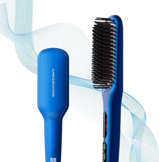 MEGAWISE Pro Ceramic Ionic Hair Straightener Brush for Home Salon, Straightening Hair Brush with 20s Heating Tech, Auto-Off, Anti-Scald with Universal Dual Voltage,Rotatable Power Cord, Gentian Blue