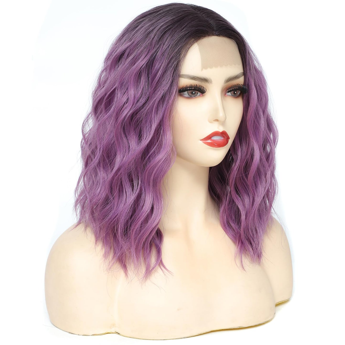 Rose bud Wavy Bob Wig Natural Wig Ombre Purple Synthetic Hair Shoulder Length Short Curly Middle Part Lace Front Wigs for Women