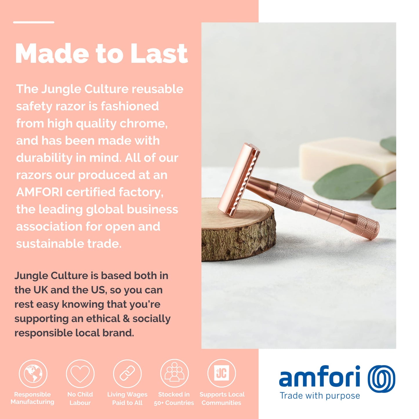 Jungle Culture Safety Razor with 10 Double Edge Blades • Single Blade Metal Razors for Women & Men for Body & Face • Eco Friendly & Reusable Shaver • Rose Gold